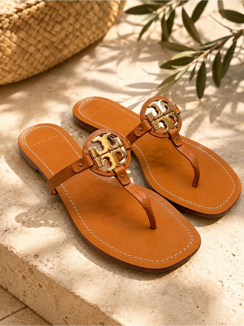 TORY BURCH Mini Miller Tan Brown Leather Gold Logo Thong Sandals Size 9